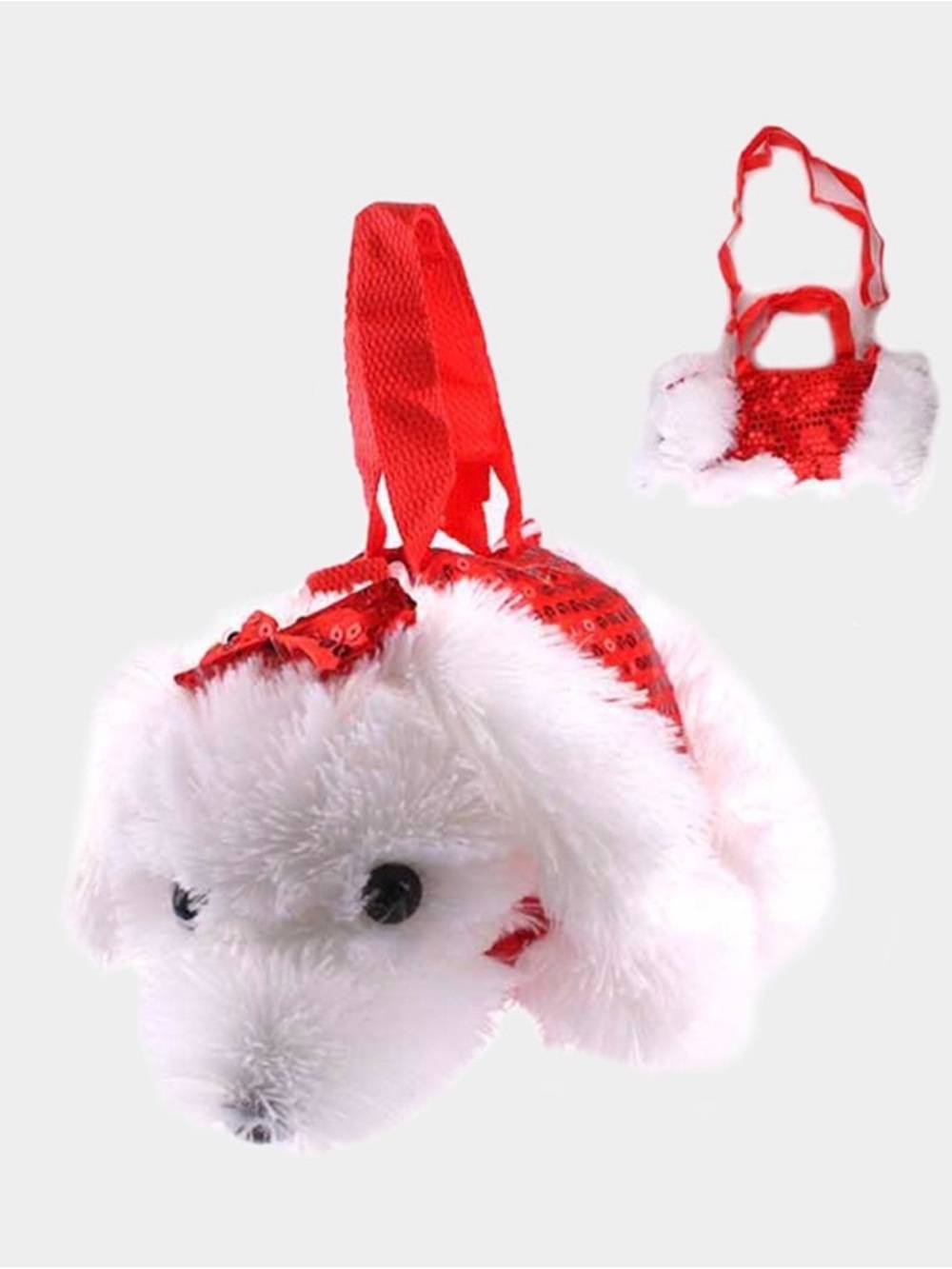 PLUSH WHITE PUPPY NOVELTY CROSSBODY BAG WITH RED ACCENTS - Picture 2 of 3